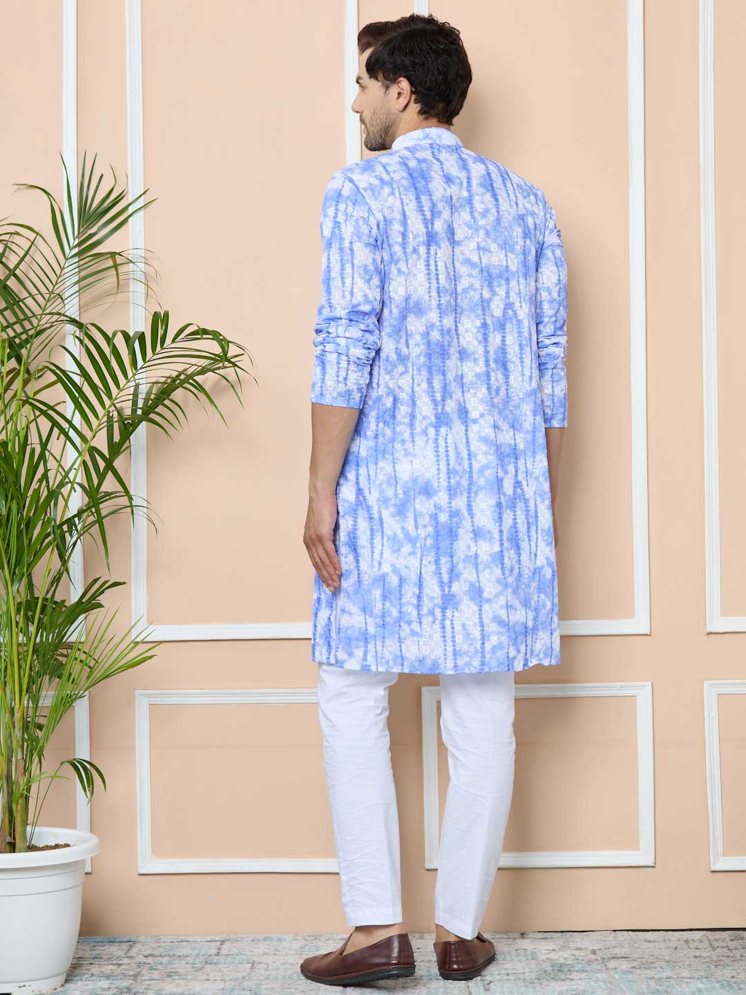 Blue Tie & Dye Printed & Embroidered Cotton Straight Design For Kurta