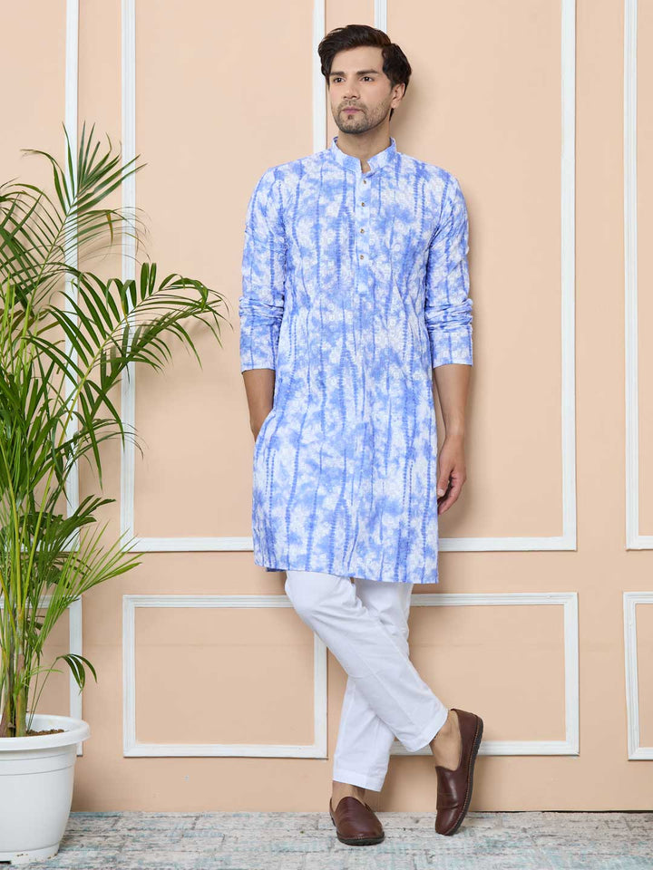 Blue Tie & Dye Printed & Embroidered Cotton Straight Design For Kurta