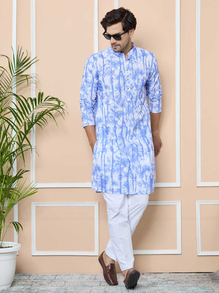 Blue Tie & Dye Printed & Embroidered Cotton Straight Design For Kurta