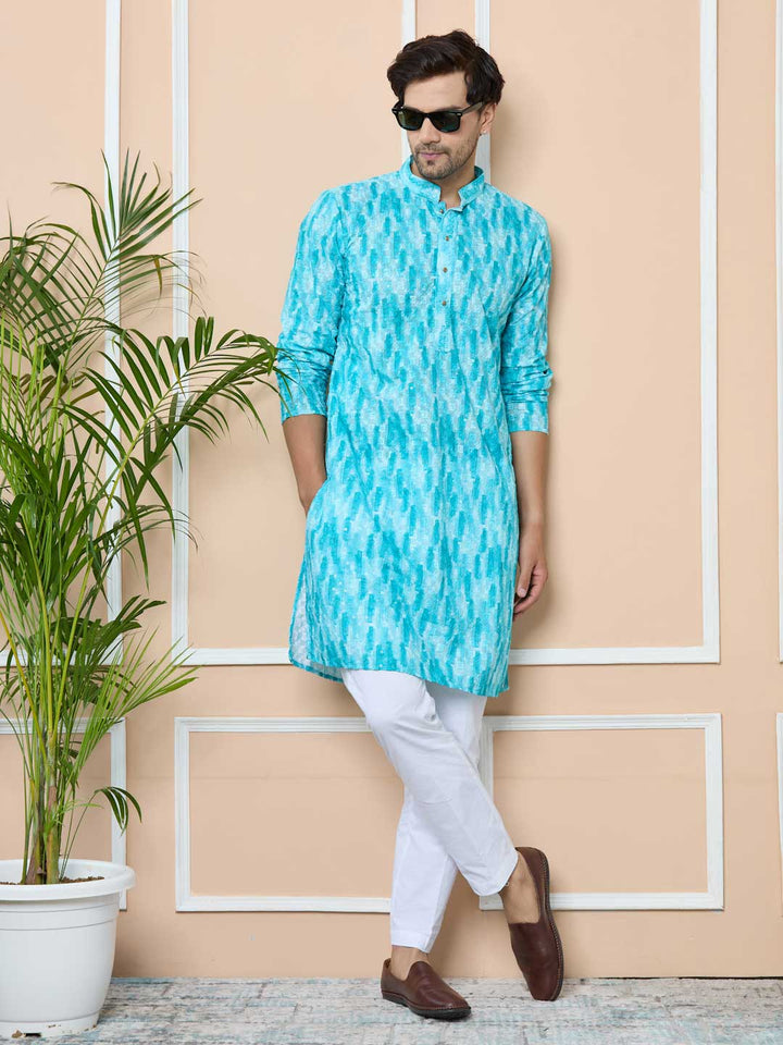 Green Tie & Dye Printed & Embroidered Cotton Straight Kurta