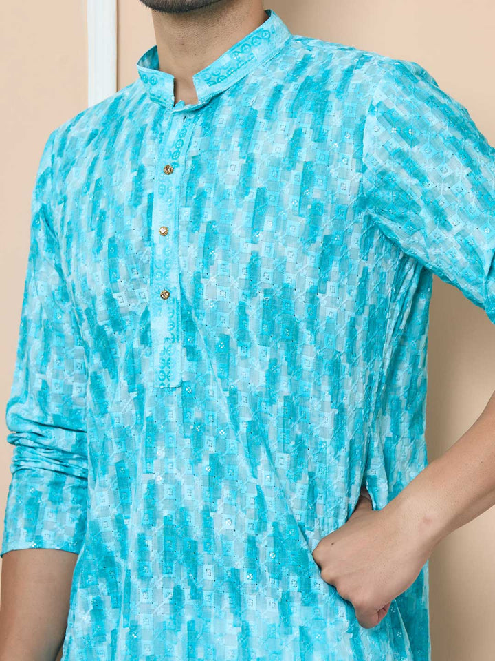 Green Tie & Dye Printed & Embroidered Cotton Straight Kurta