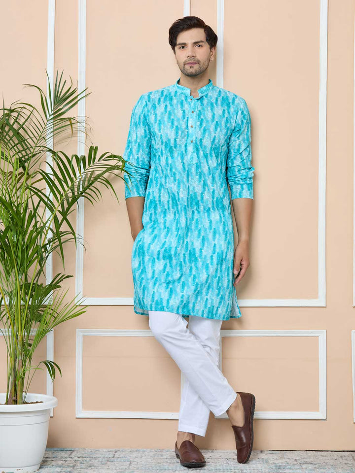 Green Tie & Dye Printed & Embroidered Cotton Straight Kurta
