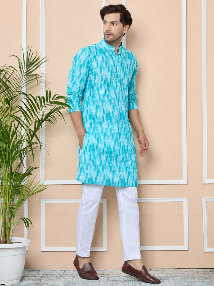 Green Tie & Dye Printed & Embroidered Cotton Straight Kurta