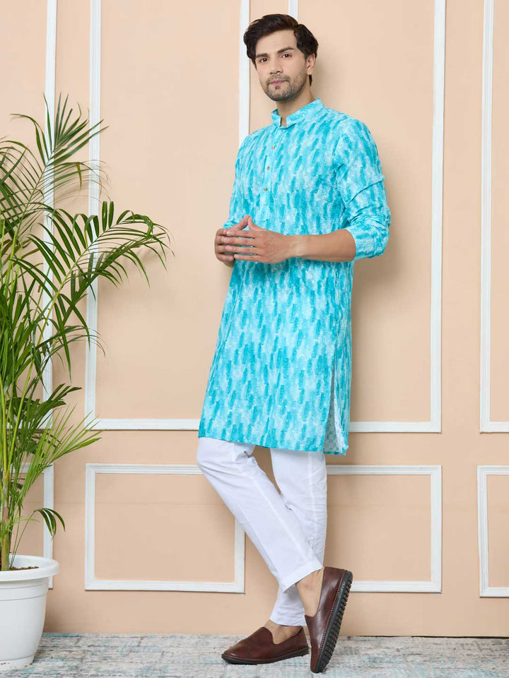 Green Tie & Dye Printed & Embroidered Cotton Straight Kurta