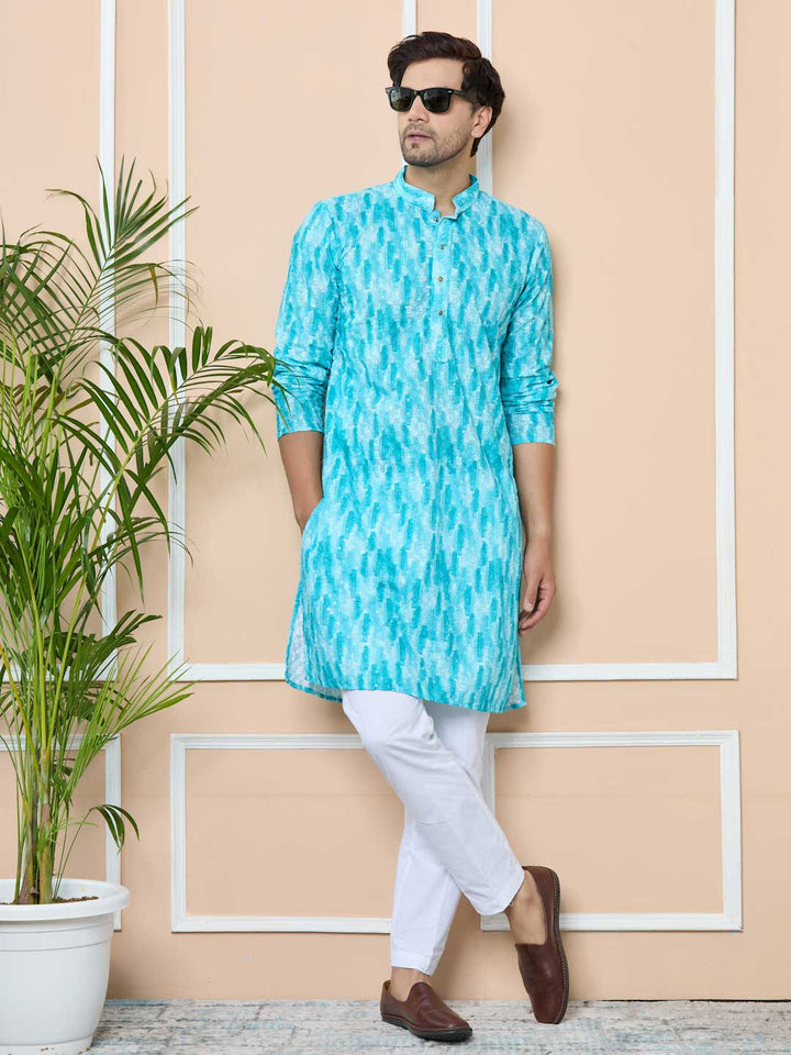 Green Tie & Dye Printed & Embroidered Cotton Straight Kurta
