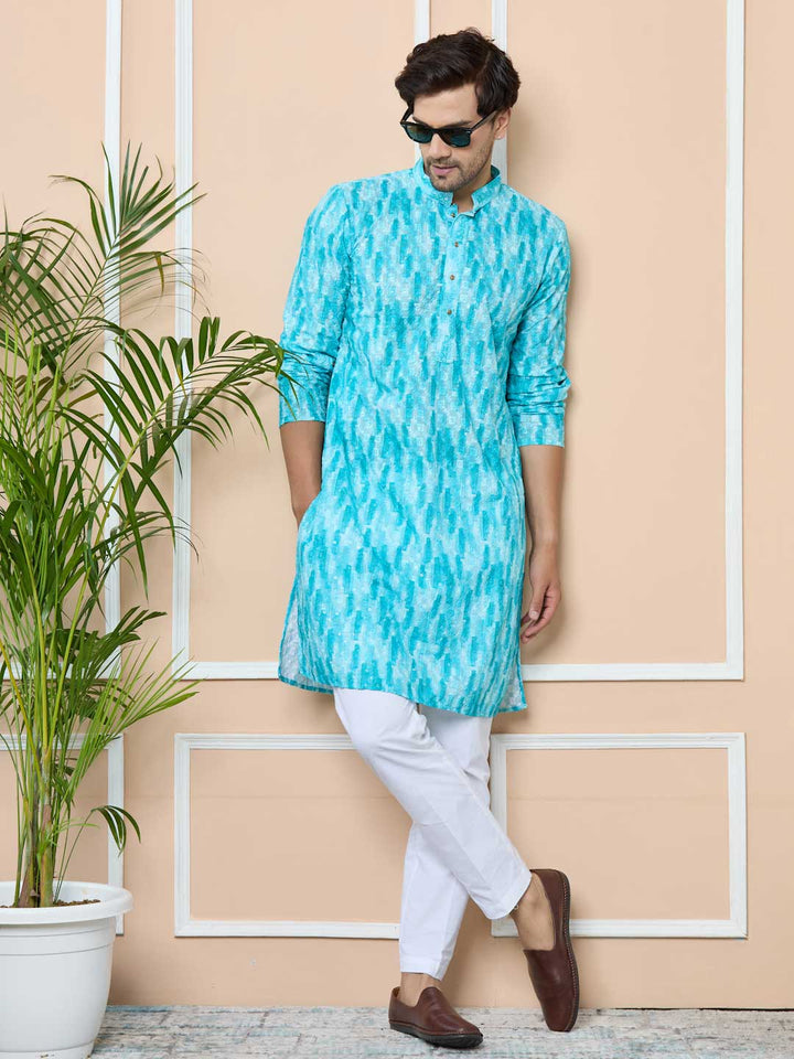 Green Tie & Dye Printed & Embroidered Cotton Straight Kurta