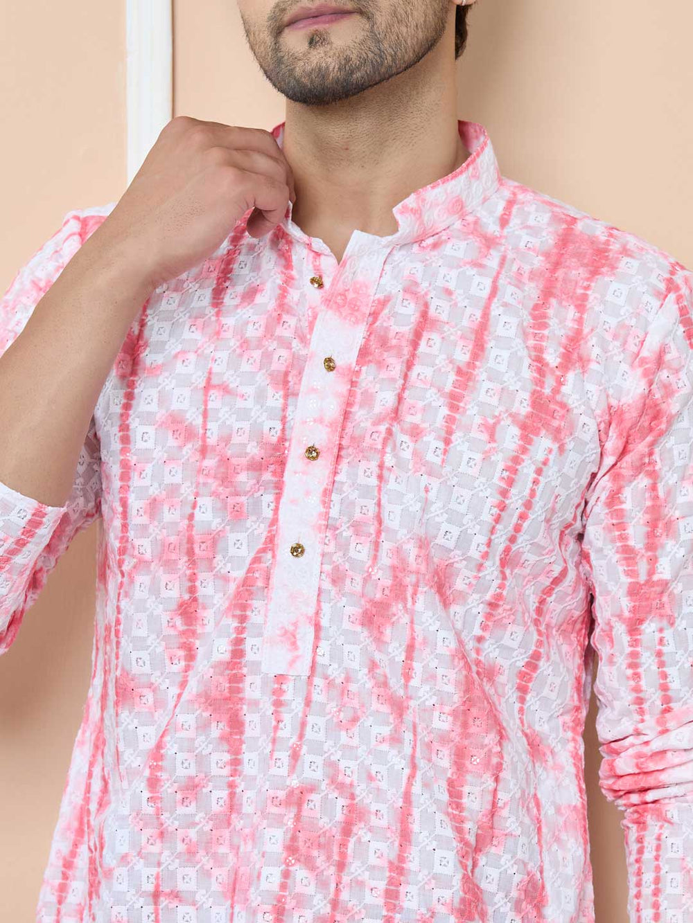Red Tie & Dye Printed & Embroidered Cotton Straight Kurta with Pyjama – Red