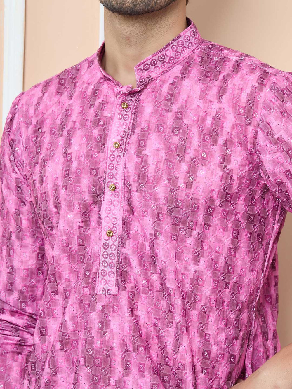 Magenta Tie & Dye Printed & Embroidered Cotton Straight Kurta with Pyjama – Pink