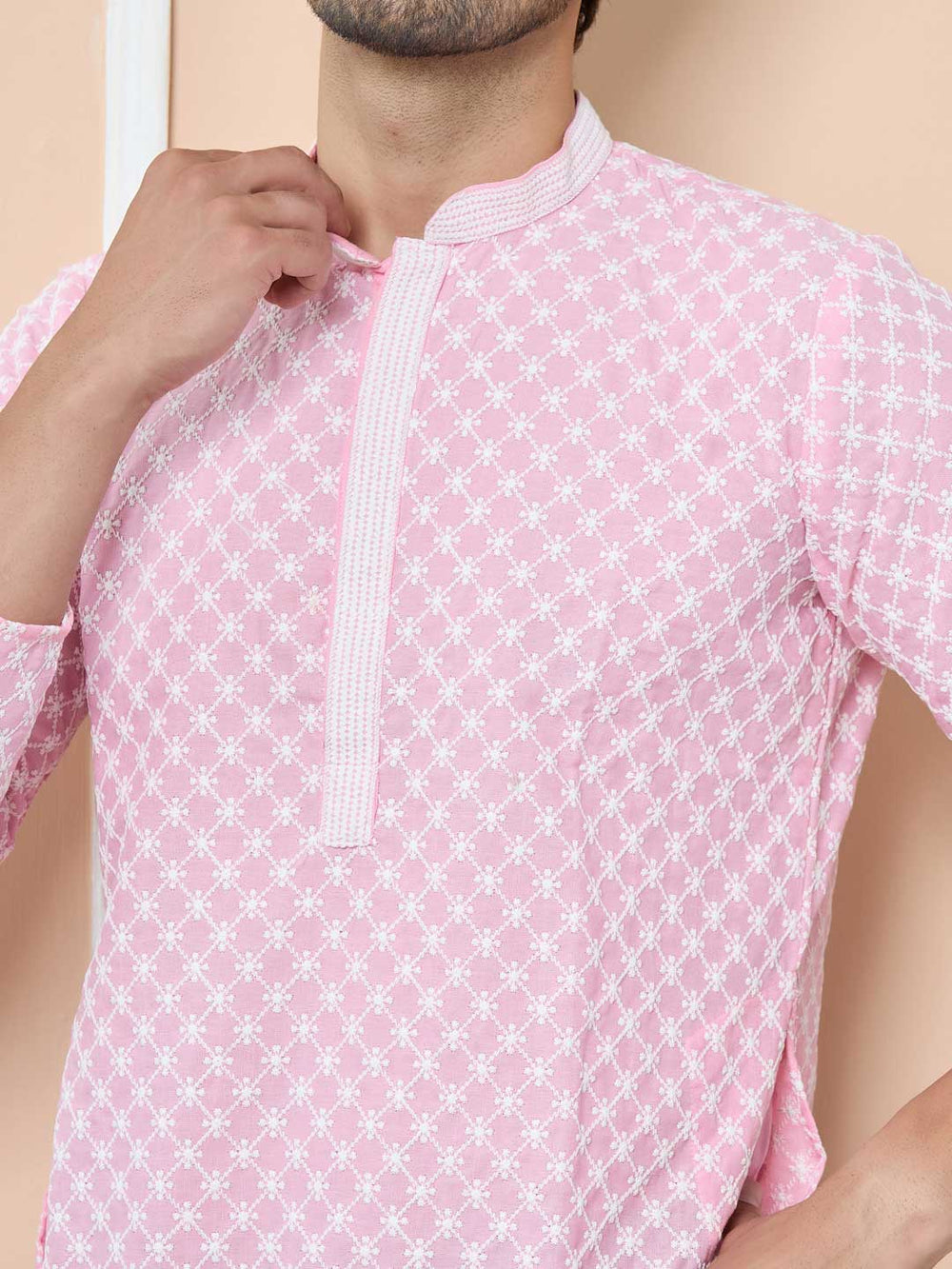 Pink Ethnic Motifs Embroidered Mandarin Collar Straight Kurta with Pyjama – Pink
