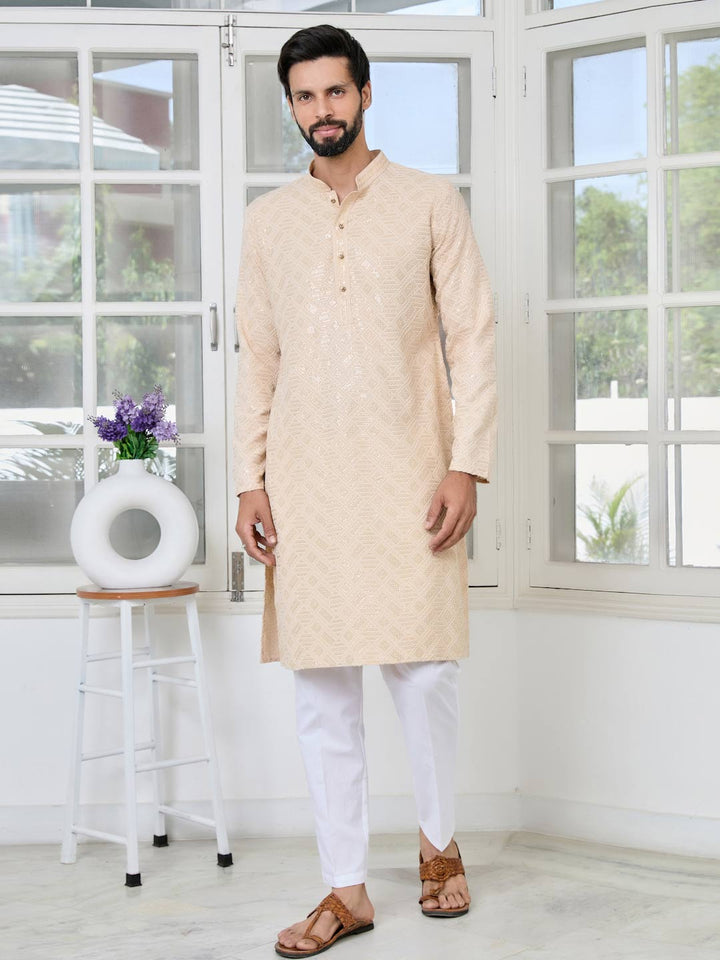 Beige Geometric Sequins Embroidered Thread Work Straight Kurta with Pyjama with Pyjama