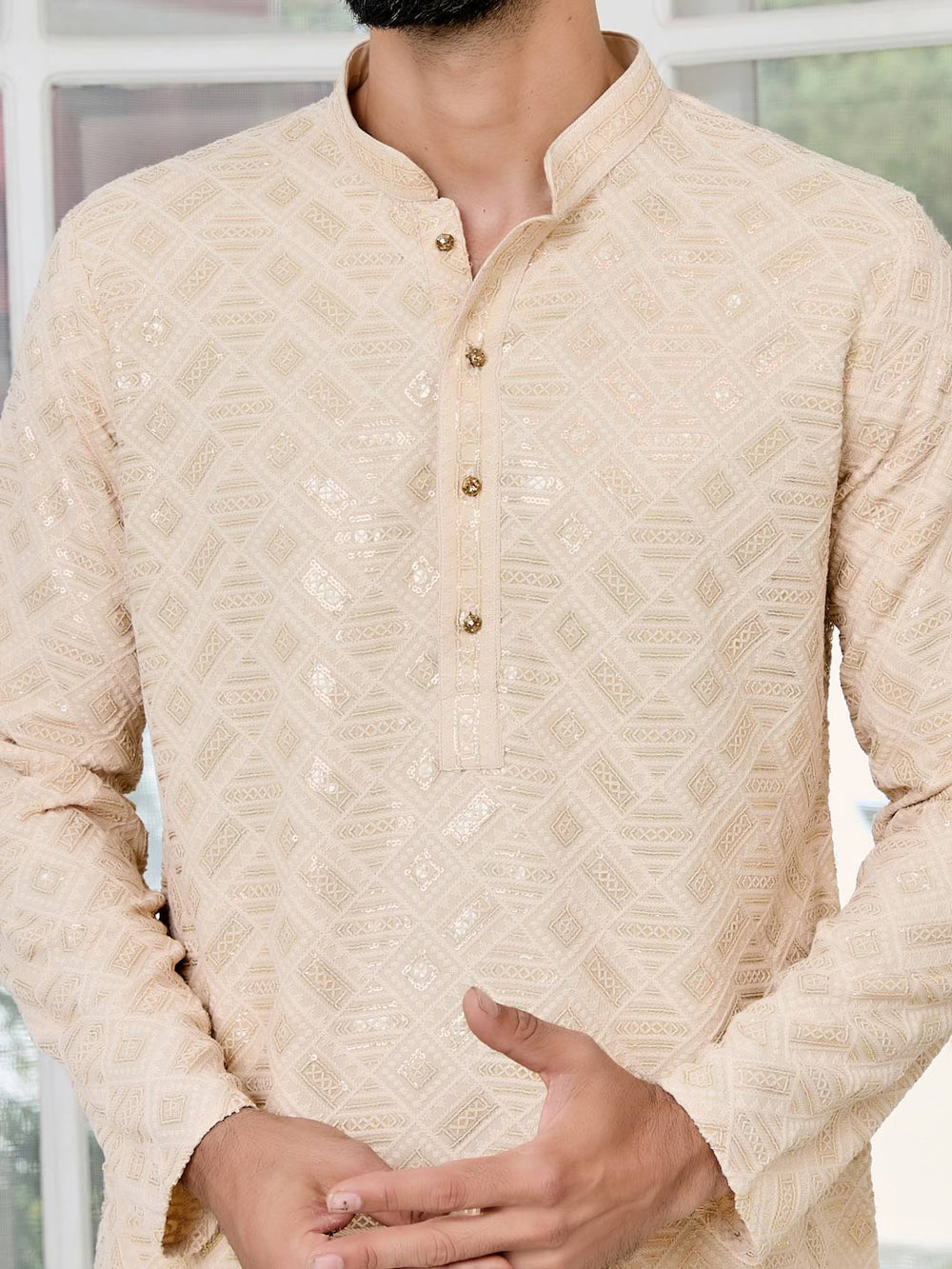 Beige Geometric Sequins Embroidered Thread Work Straight Kurta – Beige
