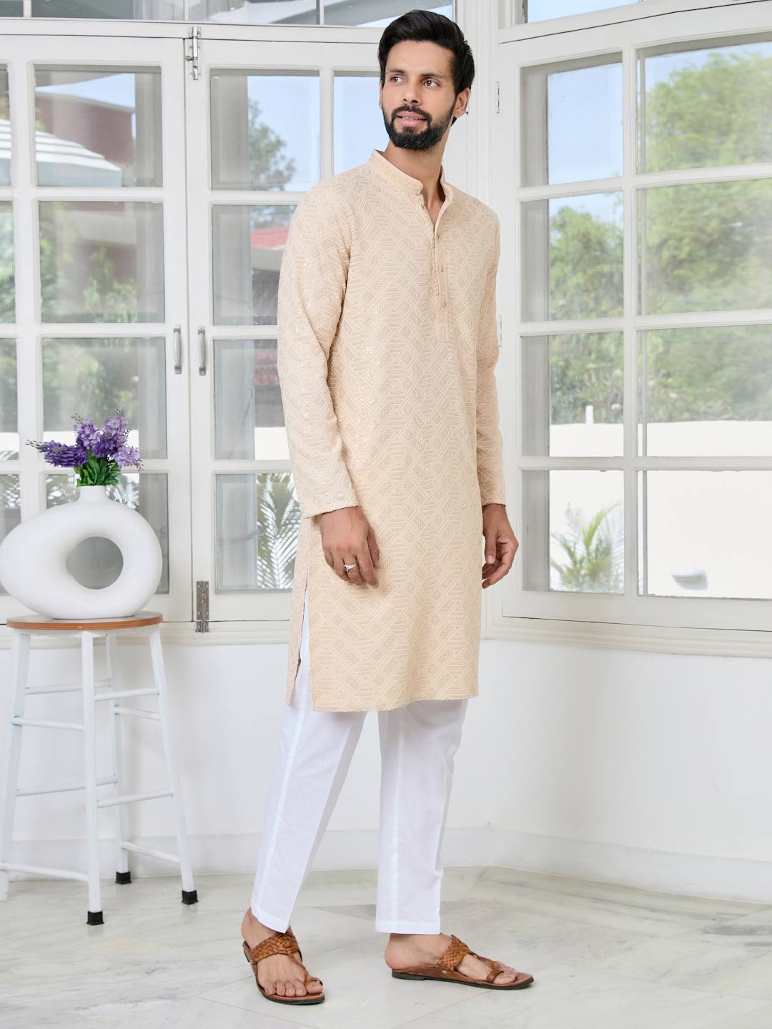 Beige Geometric Sequins Embroidered Thread Work Straight Kurta with Pyjama with Pyjama