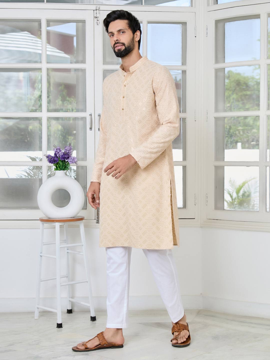 Beige Geometric Sequins Embroidered Thread Work Straight Kurta with Pyjama with Pyjama