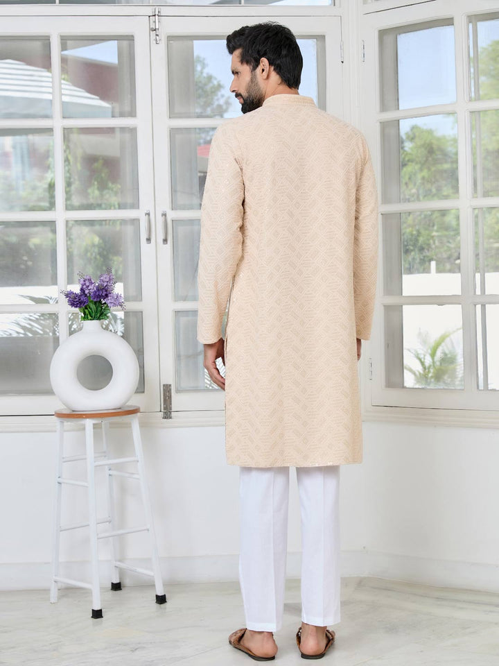 Beige Geometric Sequins Embroidered Thread Work Straight Kurta with Pyjama with Pyjama