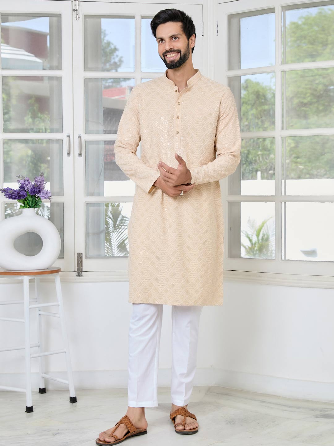 Beige Geometric Sequins Embroidered Thread Work Straight Kurta with Pyjama with Pyjama