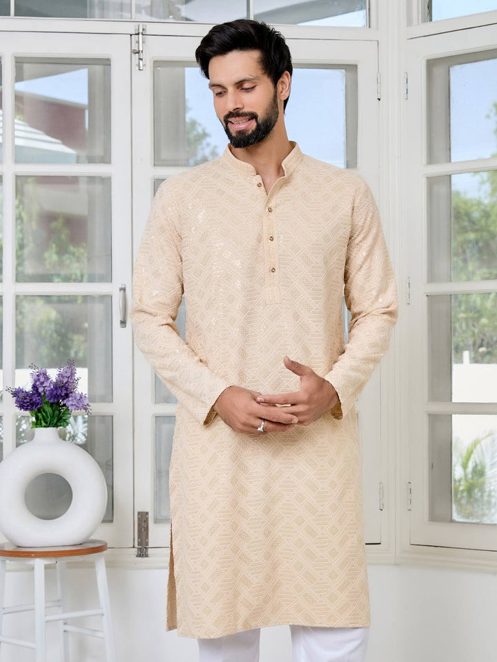 Beige Geometric Sequins Embroidered Thread Work Straight Kurta – Beige