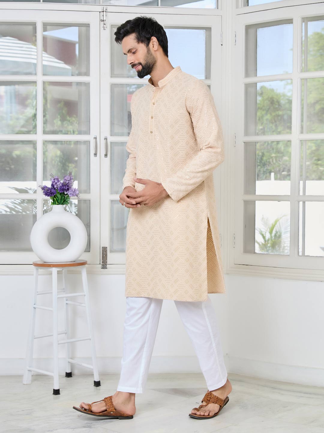 Beige Geometric Sequins Embroidered Thread Work Straight Kurta – Beige