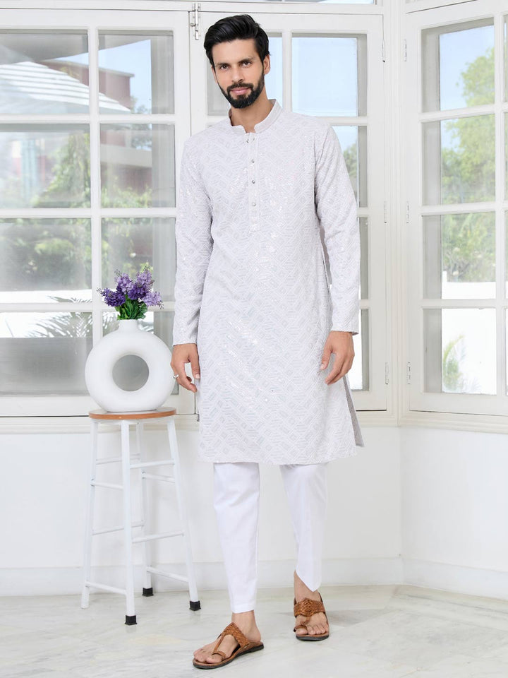 Purple Geometric Sequins Embroidered Thread Work Straight Kurta with Pyjama with Pyjama