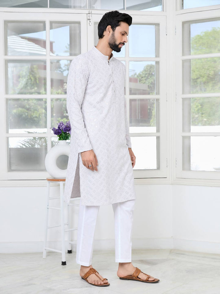 Purple Geometric Sequins Embroidered Thread Work Straight Kurta with Pyjama with Pyjama