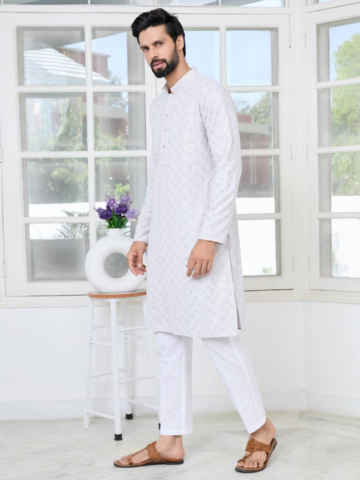 Purple Geometric Sequins Embroidered Thread Work Straight Kurta with Pyjama with Pyjama