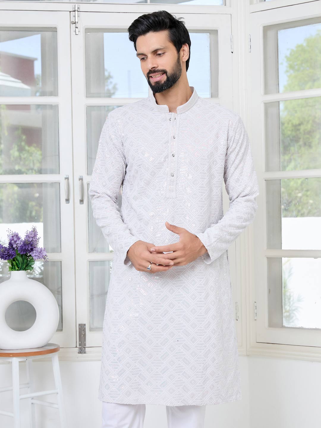 Purple Geometric Sequins Embroidered Thread Work Straight Kurta with Pyjama with Pyjama