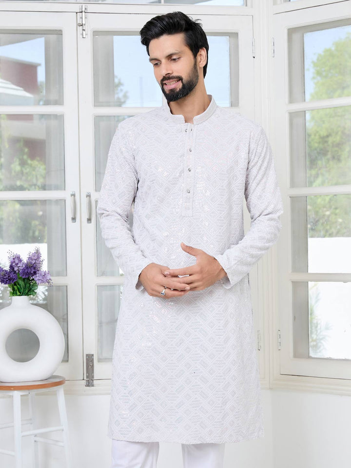 Purple Geometric Sequins Embroidered Thread Work Straight Kurta with Pyjama with Pyjama