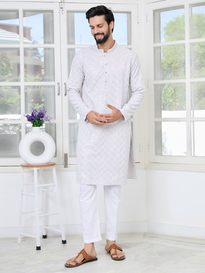 Off-White Geometric Sequins Embroidered Thread Work Straight Kurta