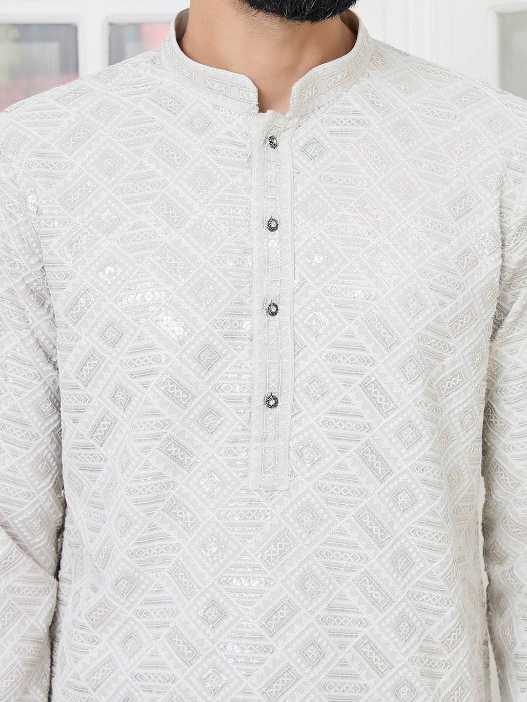 Gray Geometric Sequins Embroidered Thread Work Straight Kurta with Pyjama with Pyjama