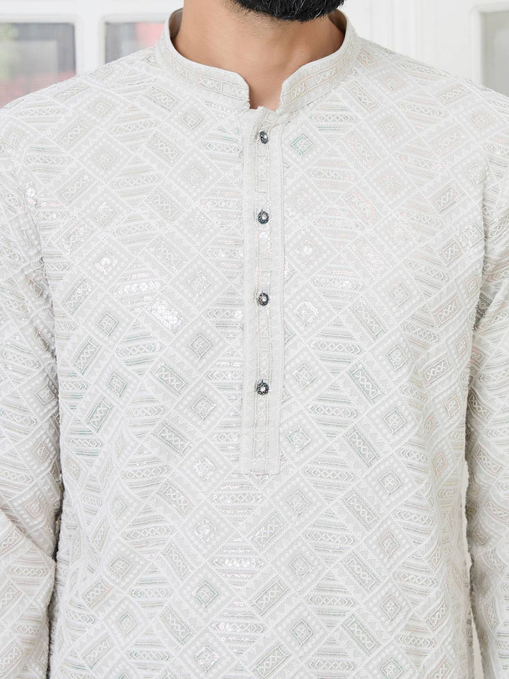 Gray Geometric Sequins Embroidered Thread Work Straight Kurta with Pyjama with Pyjama