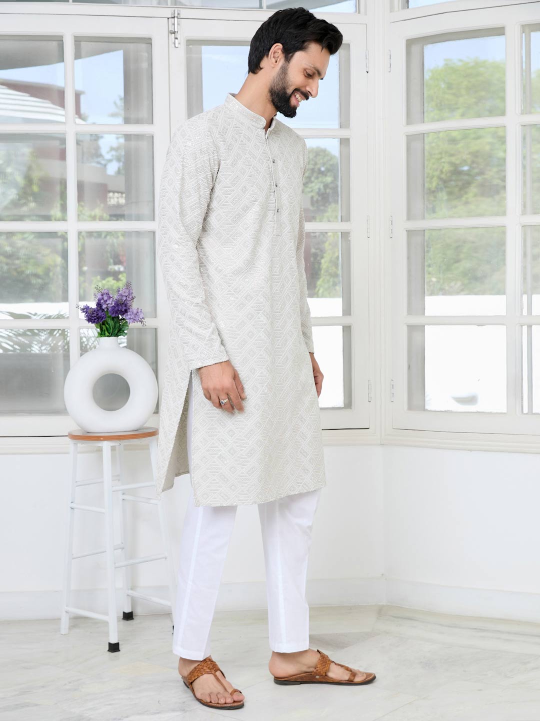 Gray Geometric Sequins Embroidered Thread Work Straight Kurta with Pyjama with Pyjama