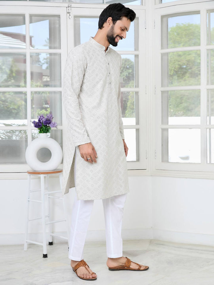 Gray Geometric Sequins Embroidered Thread Work Straight Kurta with Pyjama with Pyjama