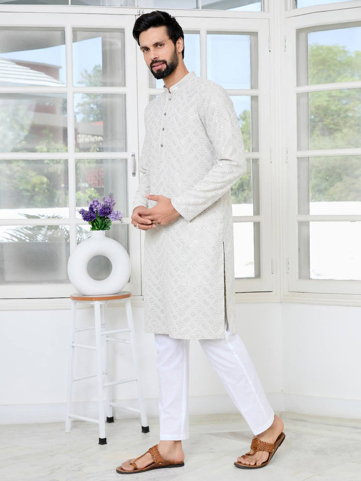 Gray Geometric Sequins Embroidered Thread Work Straight Kurta with Pyjama with Pyjama