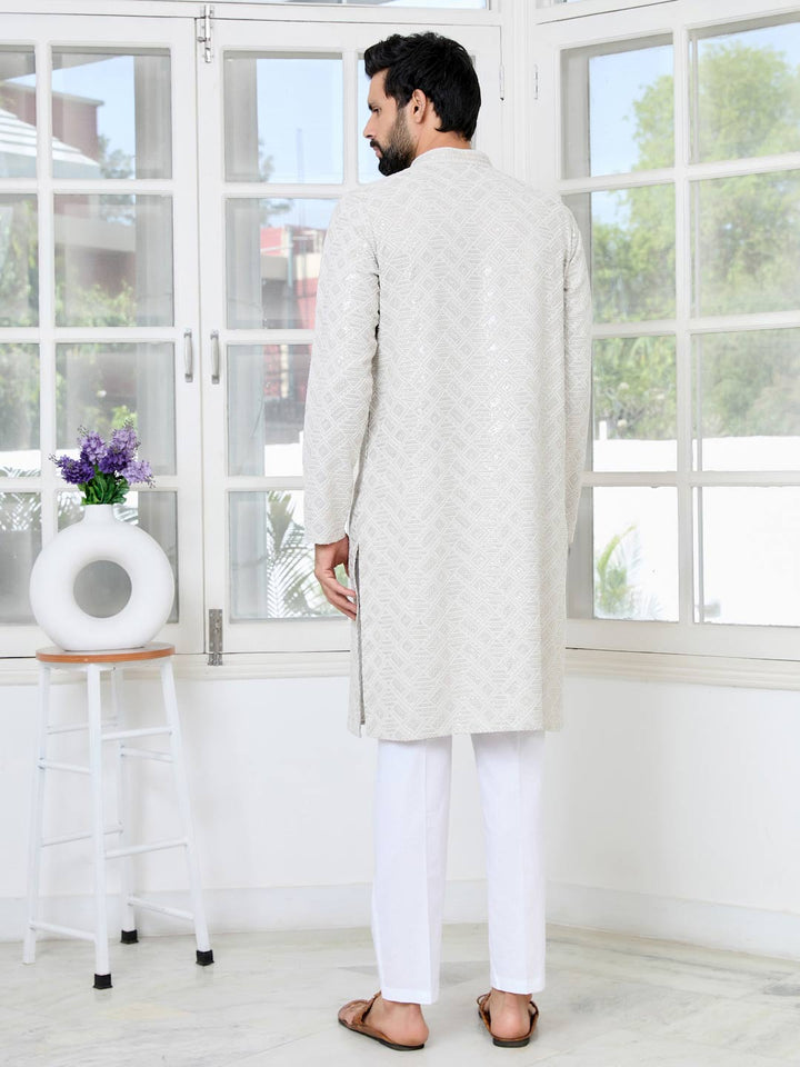 Gray Geometric Sequins Embroidered Thread Work Straight Kurta with Pyjama with Pyjama