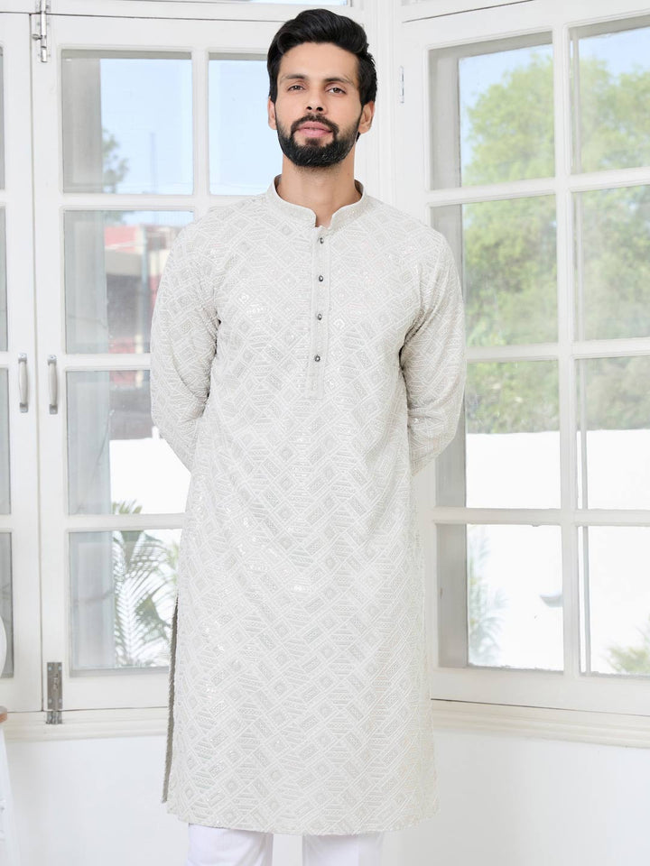 Gray Geometric Sequins Embroidered Thread Work Straight Kurta with Pyjama with Pyjama