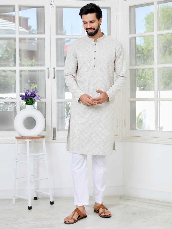 Gray Geometric Sequins Embroidered Thread Work Straight Kurta with Pyjama with Pyjama