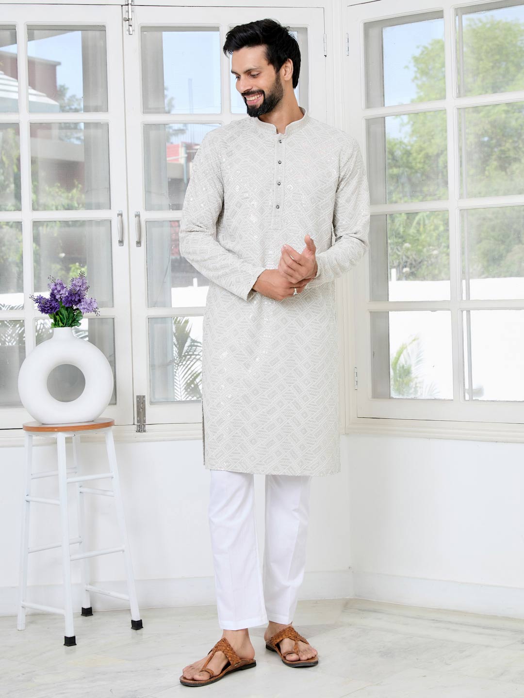 Gray Geometric Sequins Embroidered Thread Work Straight Kurta