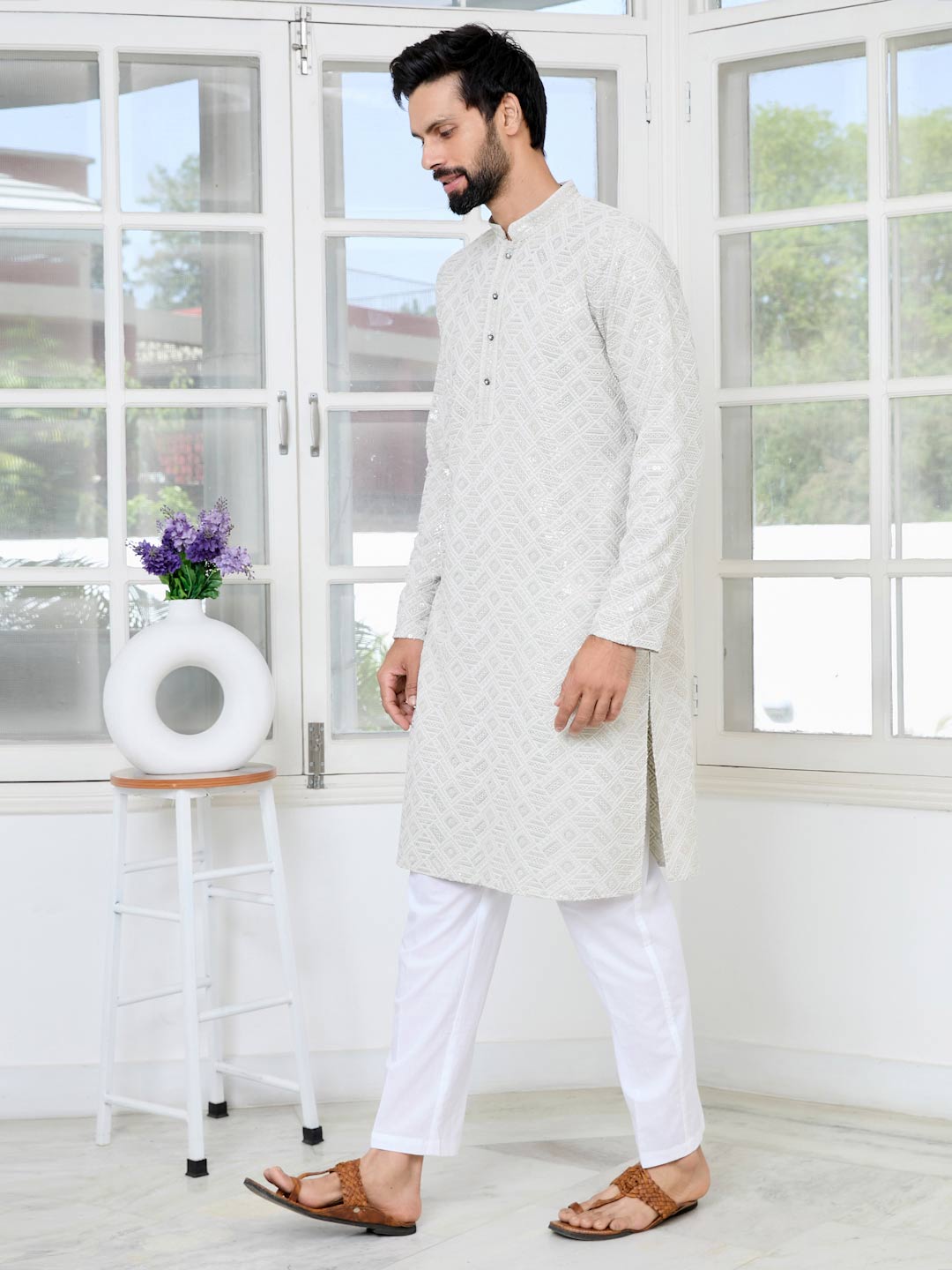 Gray Geometric Sequins Embroidered Thread Work Straight Kurta