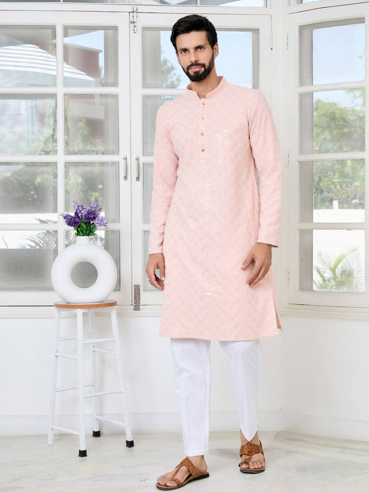 Peach Geometric Sequins Embroidered Thread Work Straight Kurta with Pyjama with Pyjama