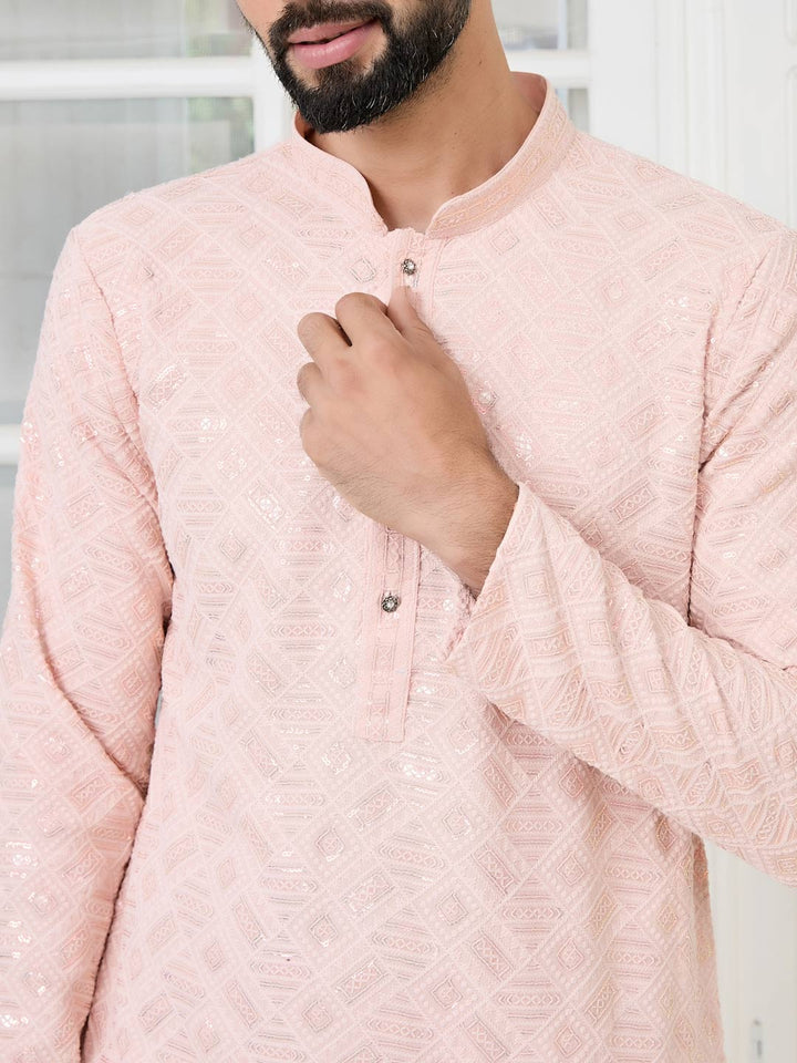 Peach Geometric Sequins Embroidered Thread Work Straight Kurta with Pyjama with Pyjama