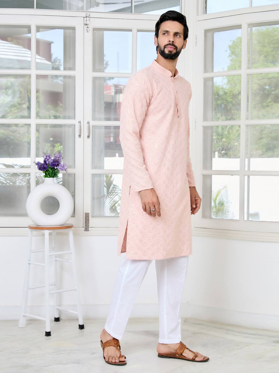 Peach Geometric Sequins Embroidered Thread Work Straight Kurta with Pyjama with Pyjama