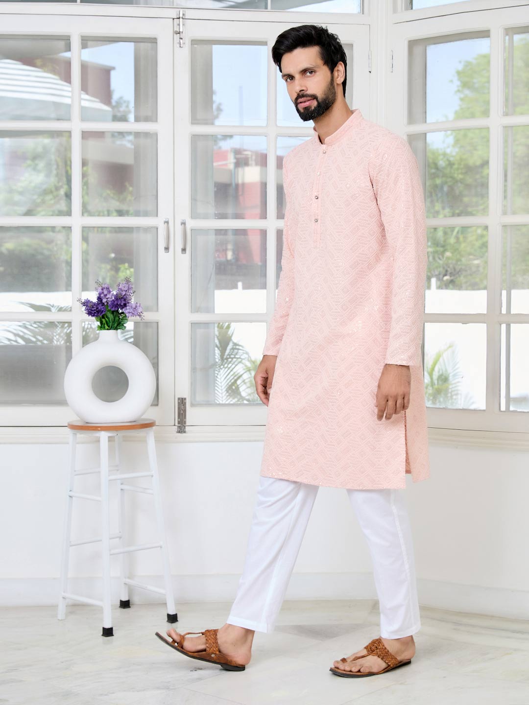Peach Geometric Sequins Embroidered Thread Work Straight Kurta with Pyjama with Pyjama