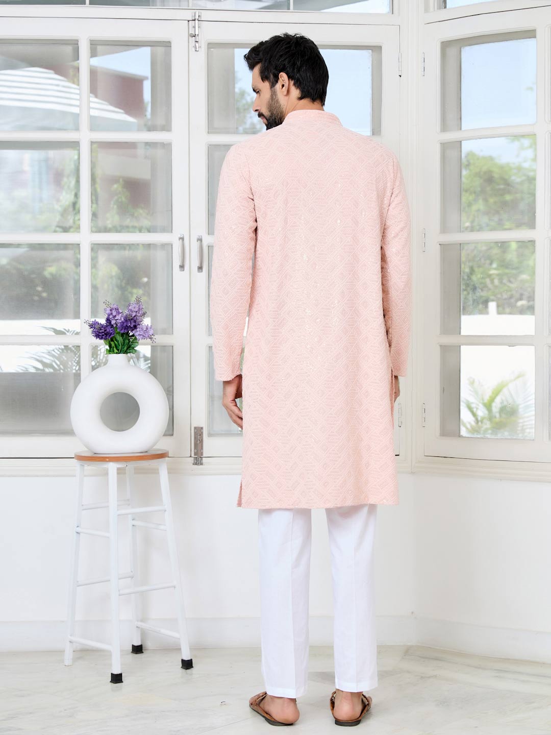 Peach Geometric Sequins Embroidered Thread Work Straight Kurta with Pyjama with Pyjama