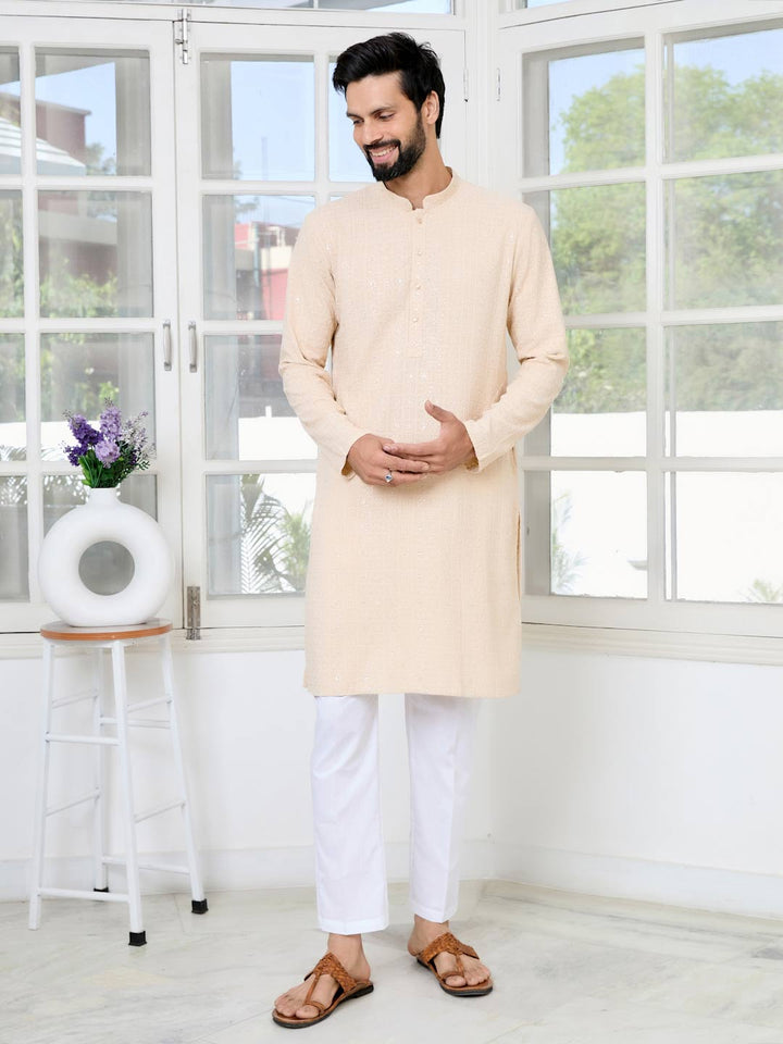 Men Beige Ethnic Motifs Sequins Embroidered Straight Kurta
