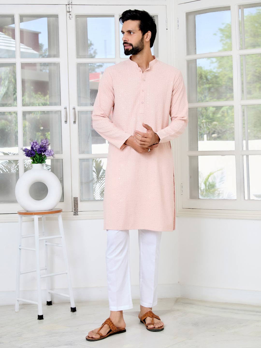 Men Peach Ethnic Motifs Sequins Embroidered Straight Kurta