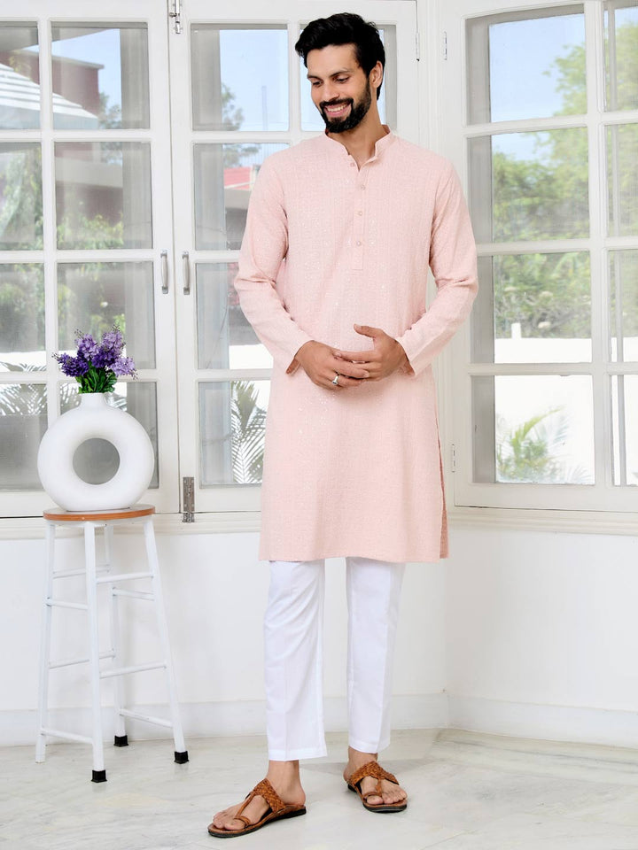 Men Peach Ethnic Motifs Sequins Embroidered Straight Kurta