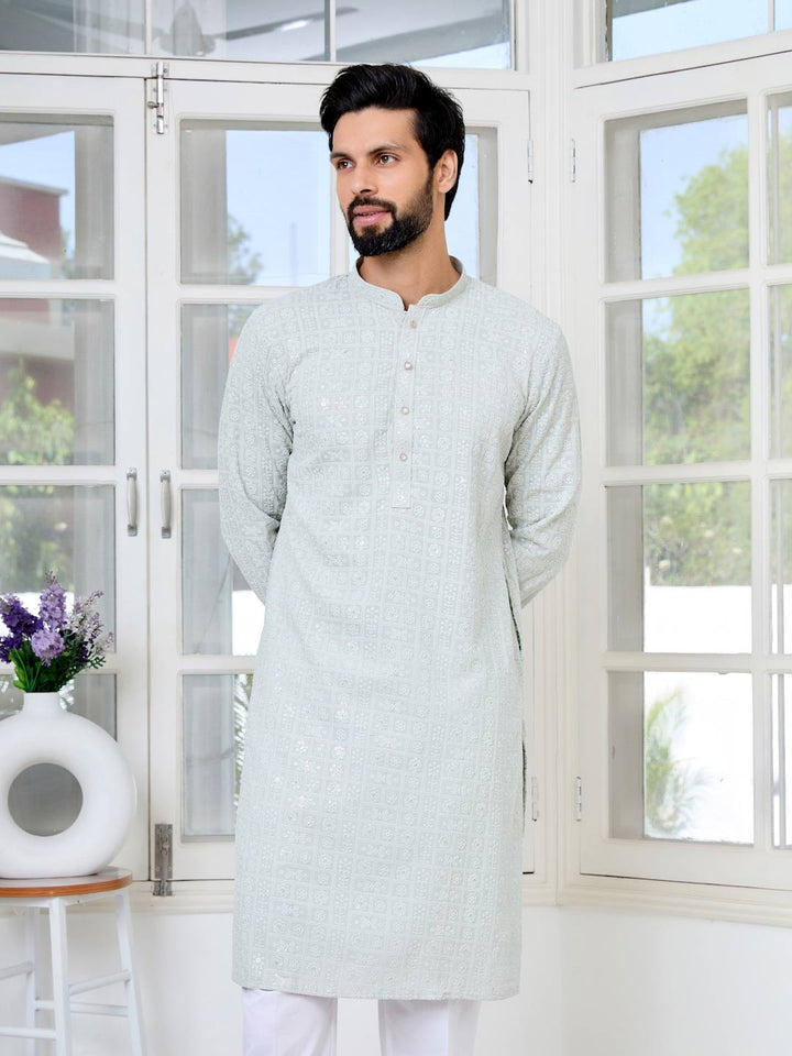 Men Gray Ethnic Motifs Sequins Embroidered Straight Kurta