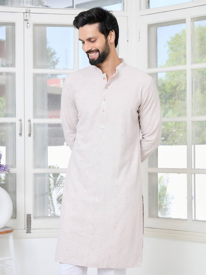 Men Cream Ethnic Motifs Sequins Embroidered Straight Kurta