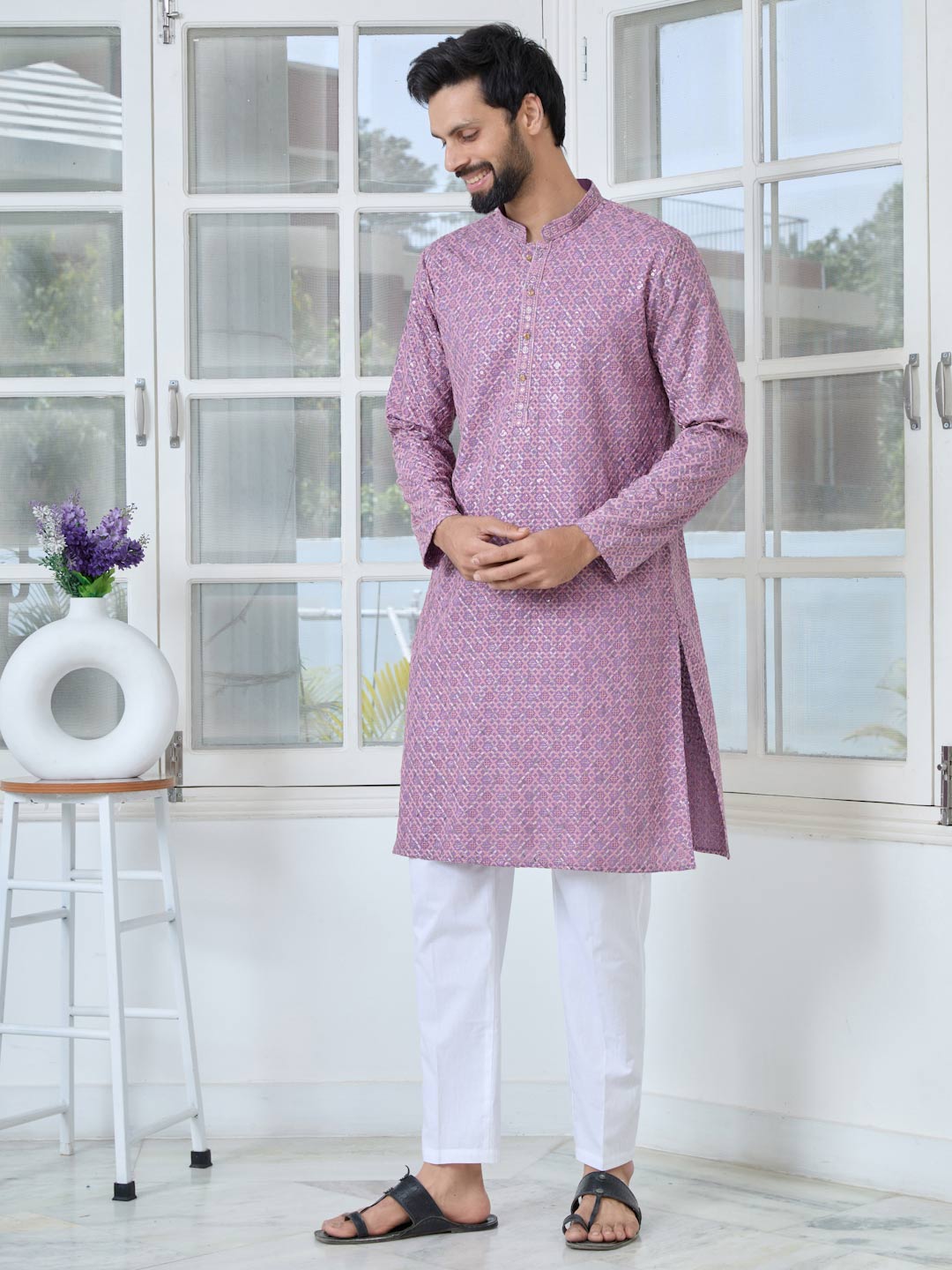 Men Purple-Pink Embroidered Straight Kurta