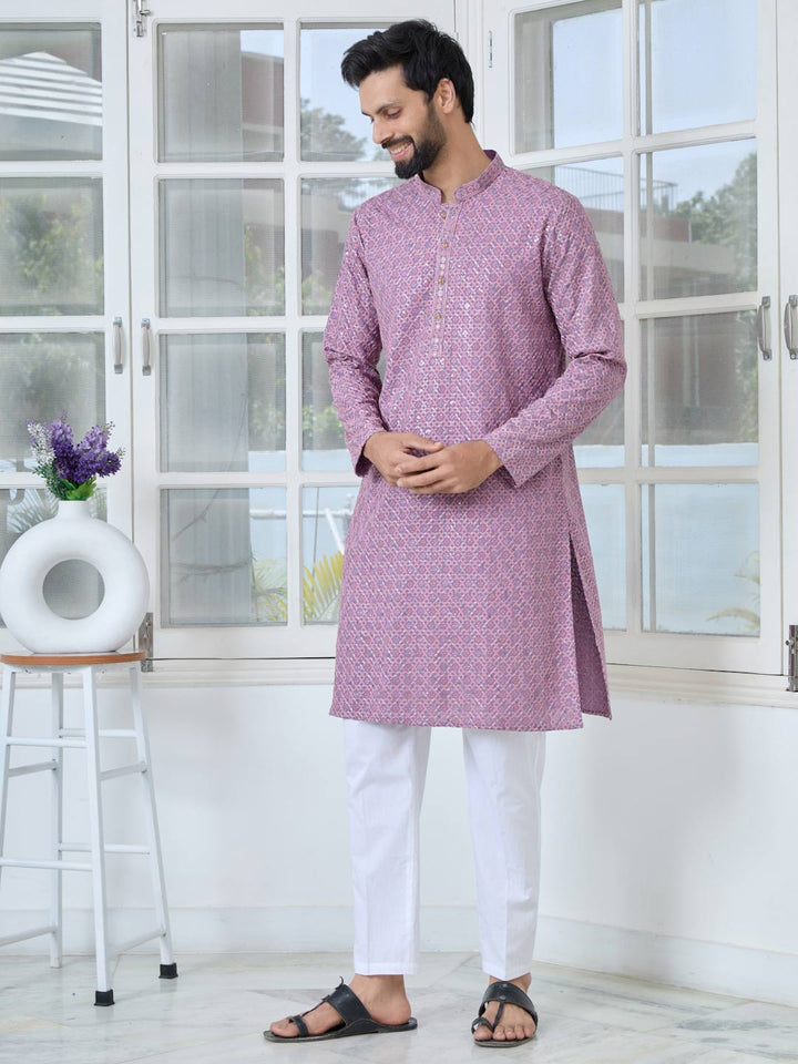 Men Purple-Pink Embroidered Straight Kurta