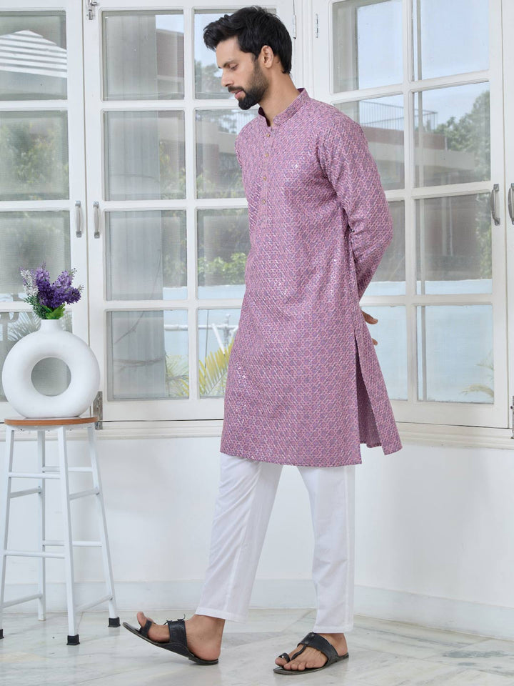 Men Purple-Pink Embroidered Straight Kurta